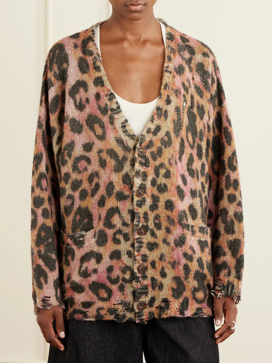 Distressed Animal-print Cashmere Cardigan