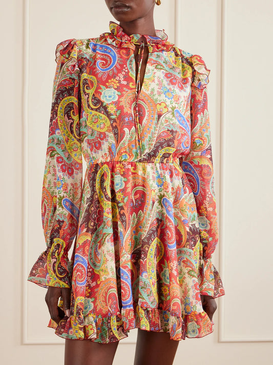 Ruffled Paisley-print Chiffon Mini Dress