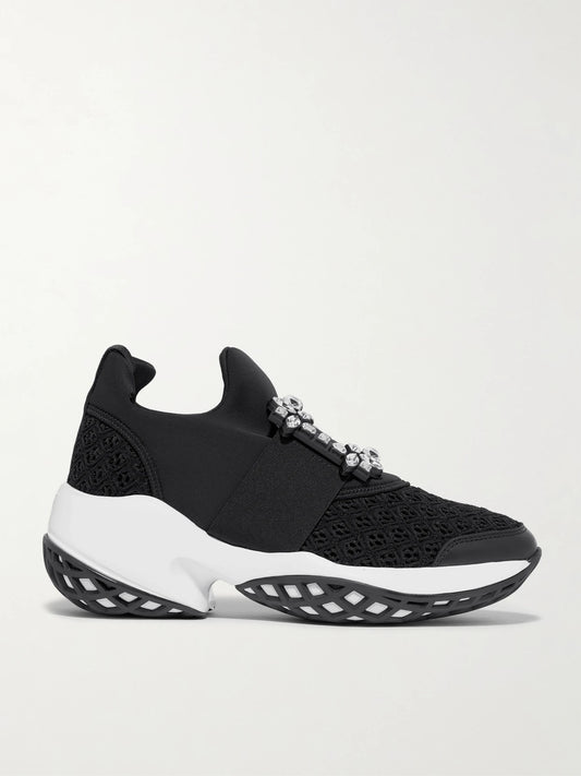Viv Run Crystal-embellished Stretch, Mesh And Leather Sneakers