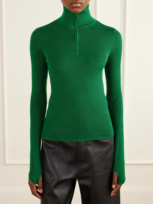 The Frankie Shop Ribbed Half-zip Wool And Silk-blend Sweater