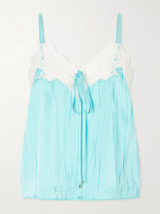 Lace-trimmed Crinkled Silk-satin Top