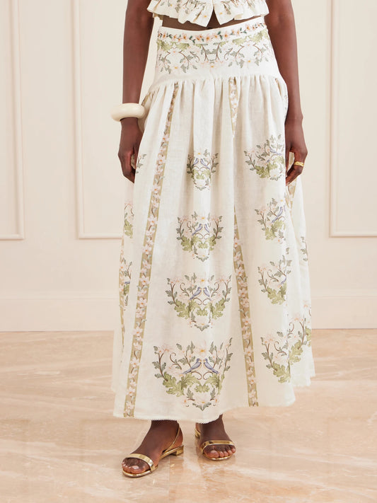 Curua Anhelo Floral Linen Midi Skirt