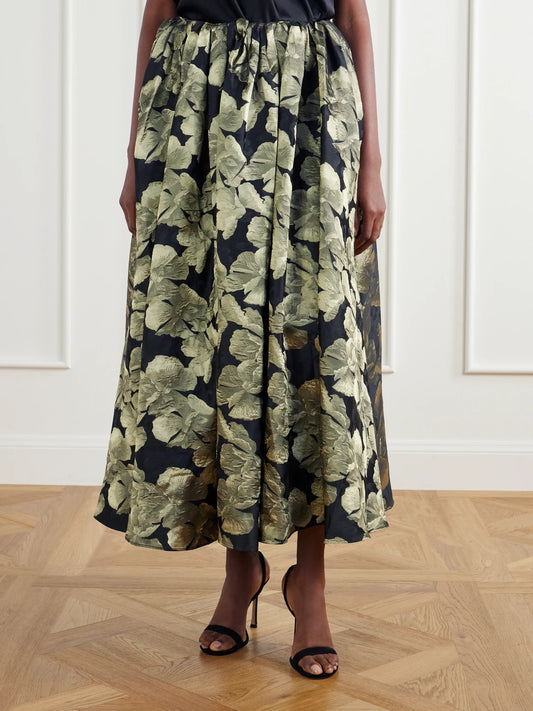 Abadia Elodie Gathered Floral-brocade Maxi Skirt