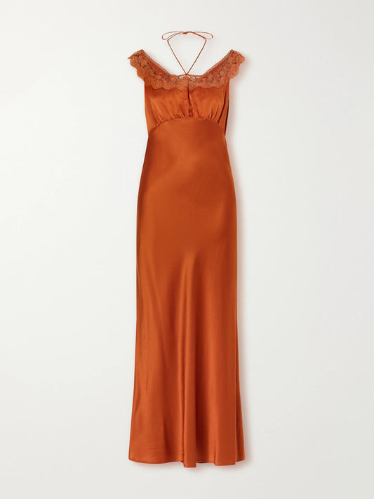Miguelina Crochet-knit Trimmed Silk-blend Charmeuse Halterneck Maxi Dress