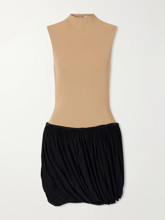 Abadia Draped Bead-embellished Two-tone Jersey Mini Dress