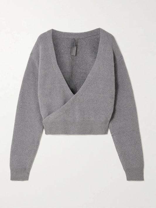 Textured Knit Wrap Sweater - Dark Heather Gray