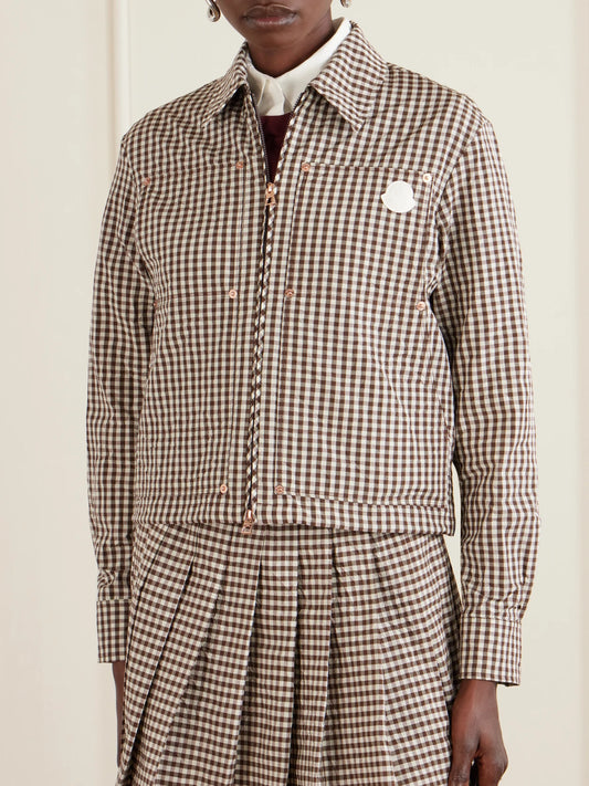 Cropped Appliquéd Gingham Cotton-blend Shirt