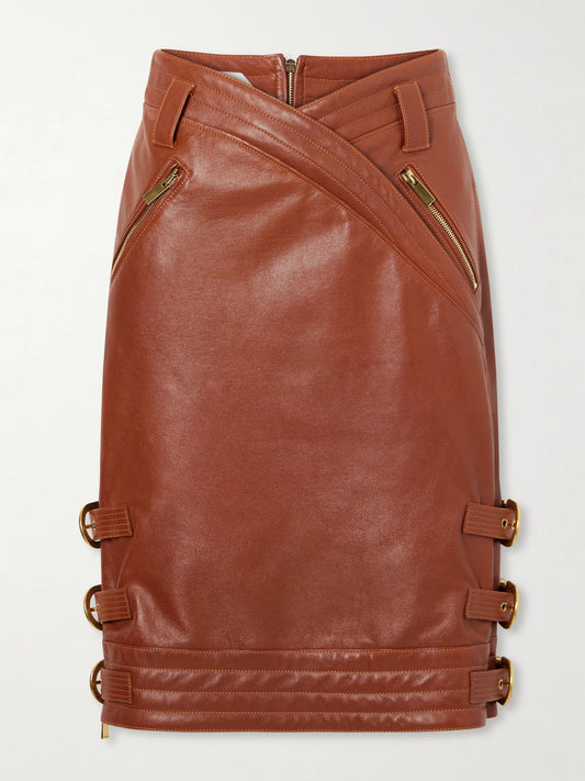 Versace Wrap-effect Buckle-detailed Leather Knee-length Skirt