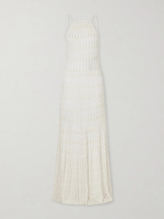 Metallic Crochet-knit Halterneck Maxi Dress