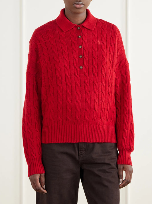 Ralph Lauren Logo-embroidered Cable-knit Wool And Cashmere-blend Polo Sweater