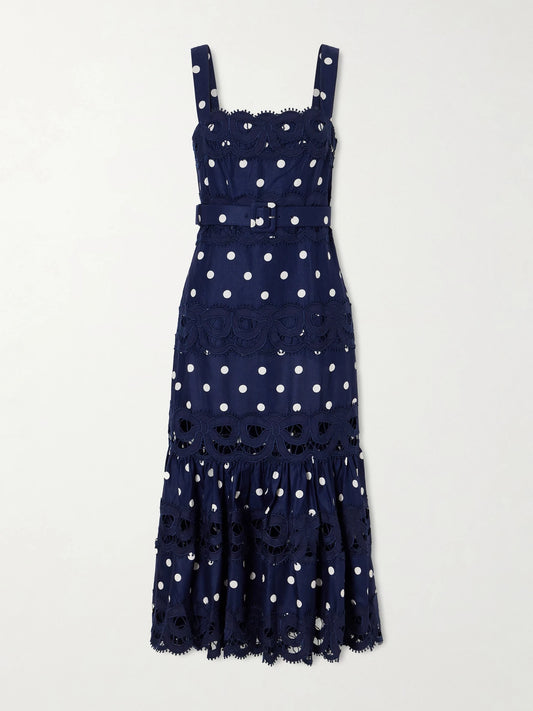 Belted Polka-dot Linen And Cotton-blend Midi Dress