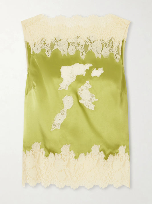 Viviane Lace-trimmed Silk-satin Top