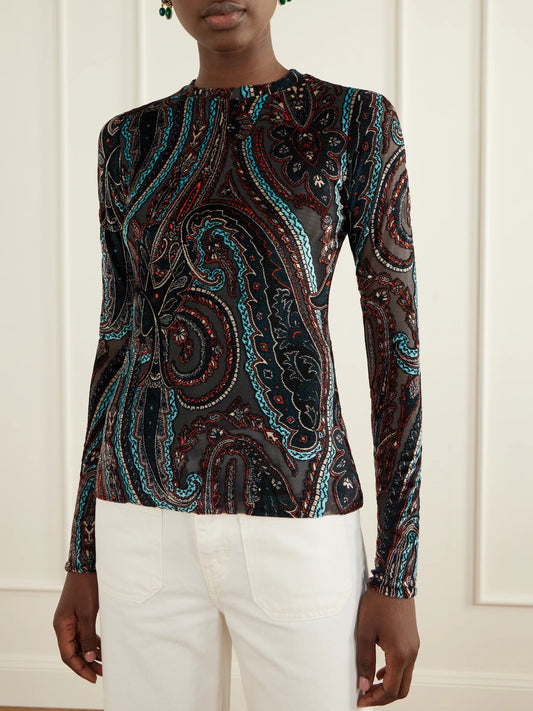Etro Printed Velvet-trimmed Mesh Blouse