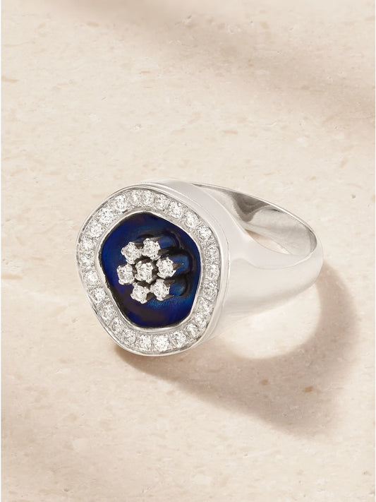 Flower 18-karat White Gold, Diamond And Enamel Signet Ring