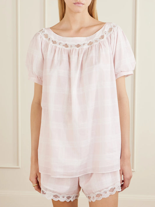 Marilyn Lace-trimmed Checked Cotton Blouse