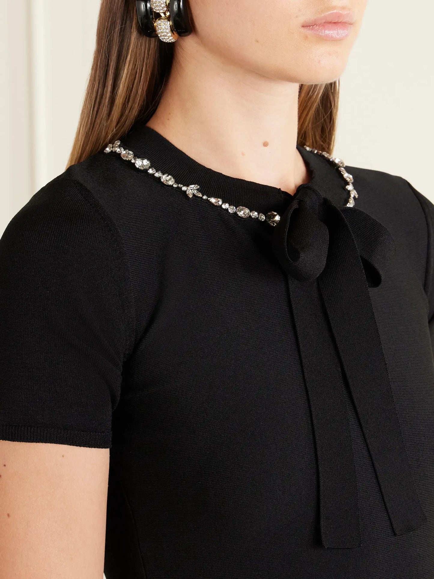 Bow-detailed Embellished Jersey Mini Dress