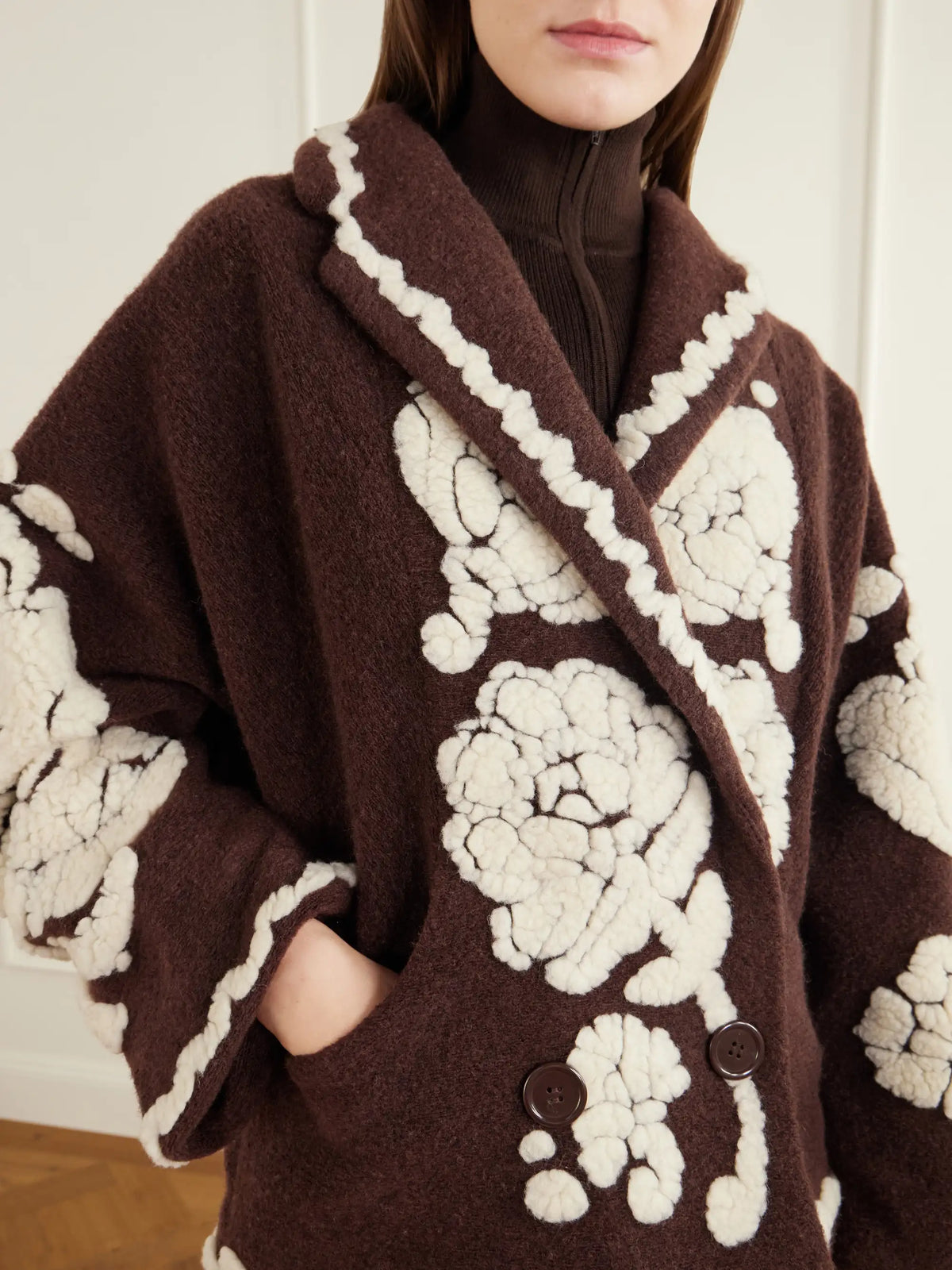 Farm Rio Double-breasted Floral-appliquéd Brushed Fleece Jacket