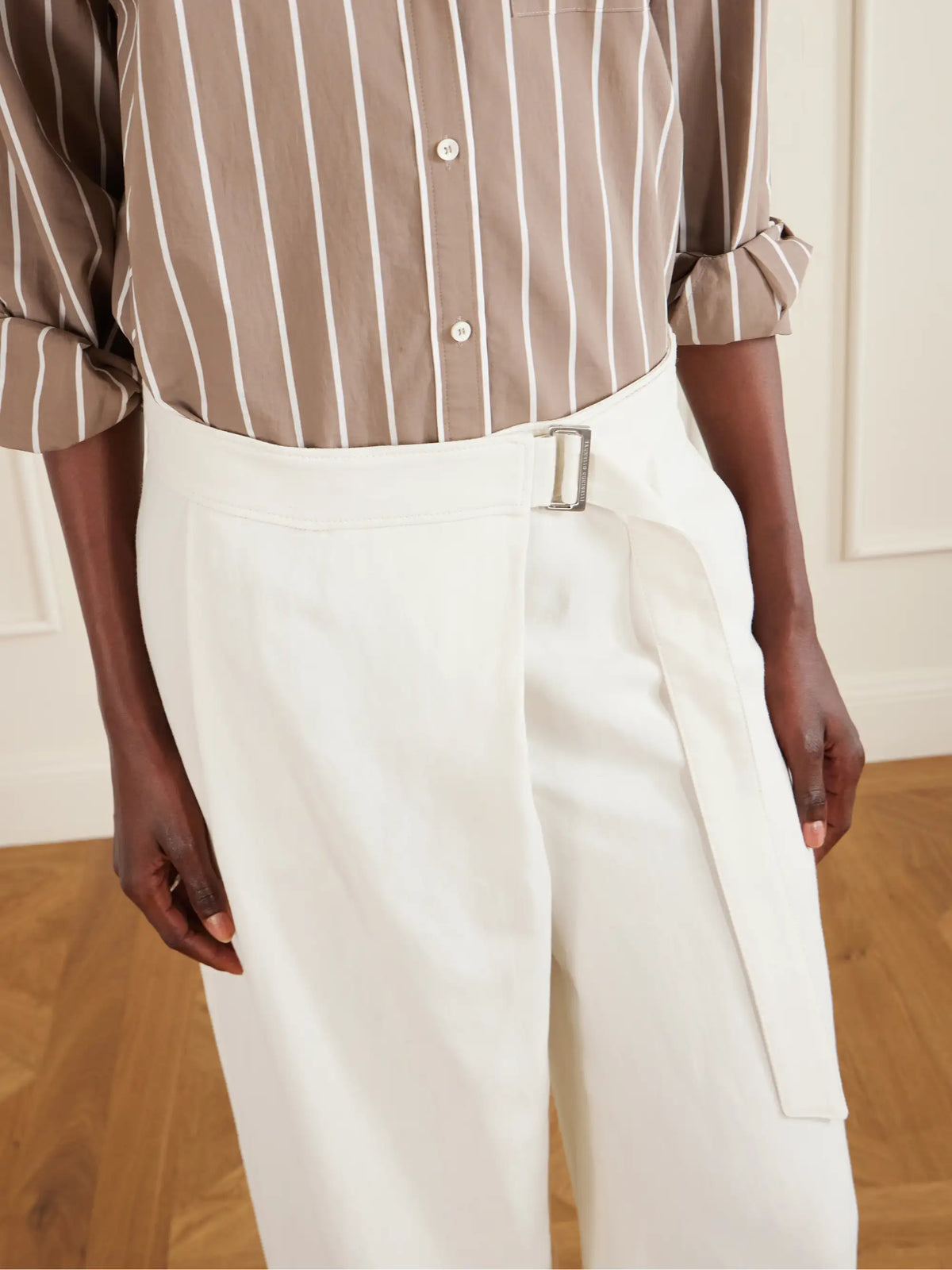 Belted Pleated Twill Wide-leg Pants