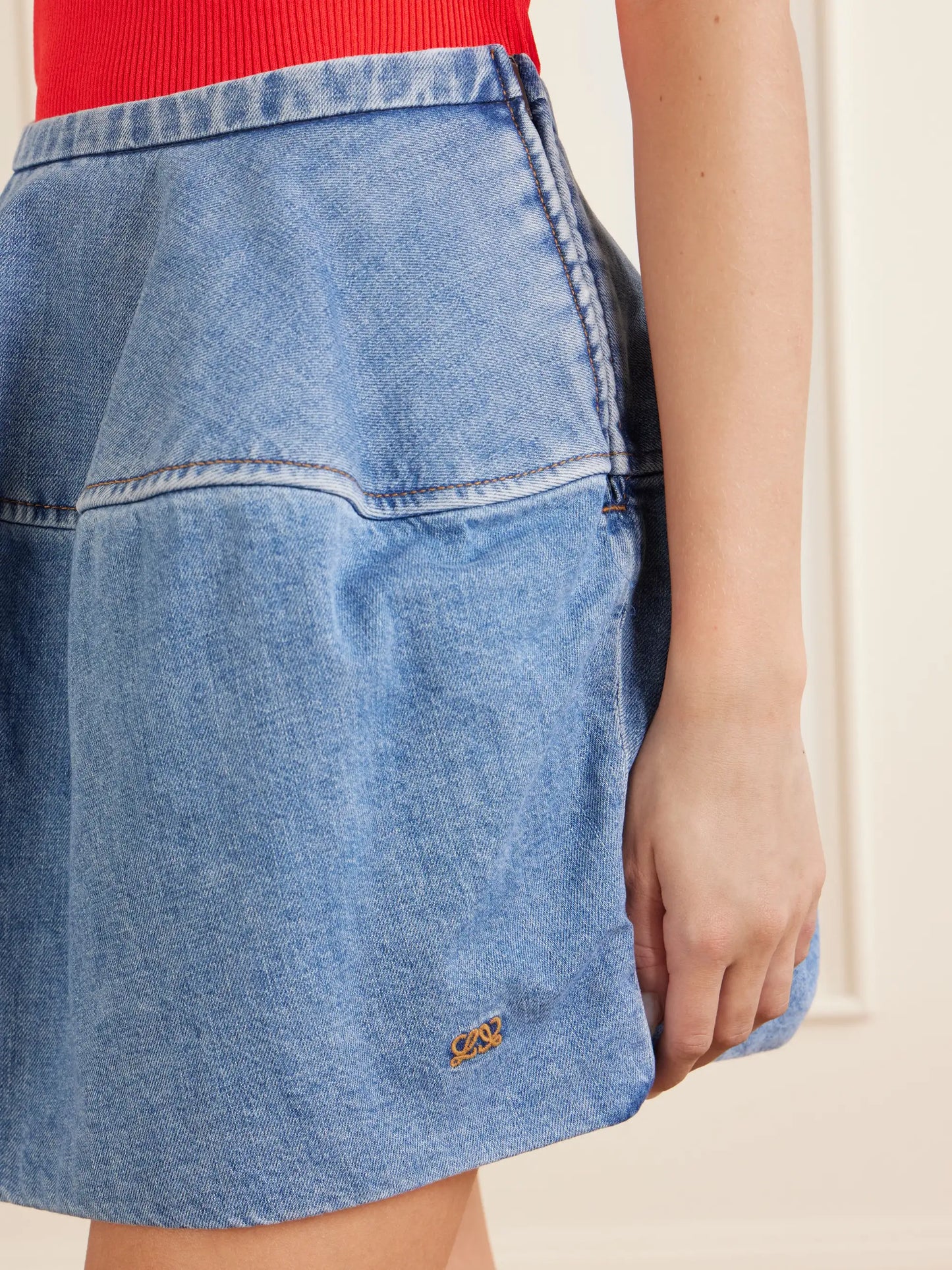 Paneled Denim Mini Skirt