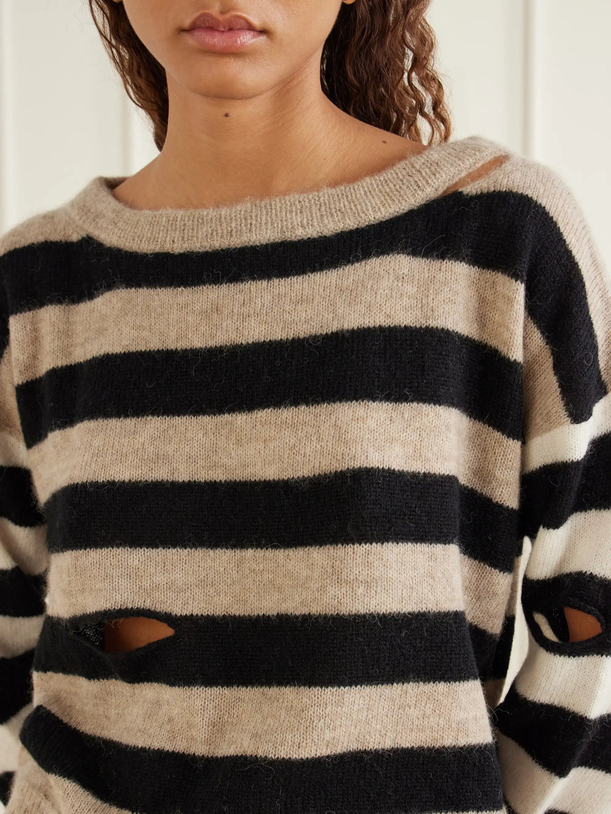 Mother The Cold Shoulder Distressed Cropped Striped Alpaca-blend Sweater