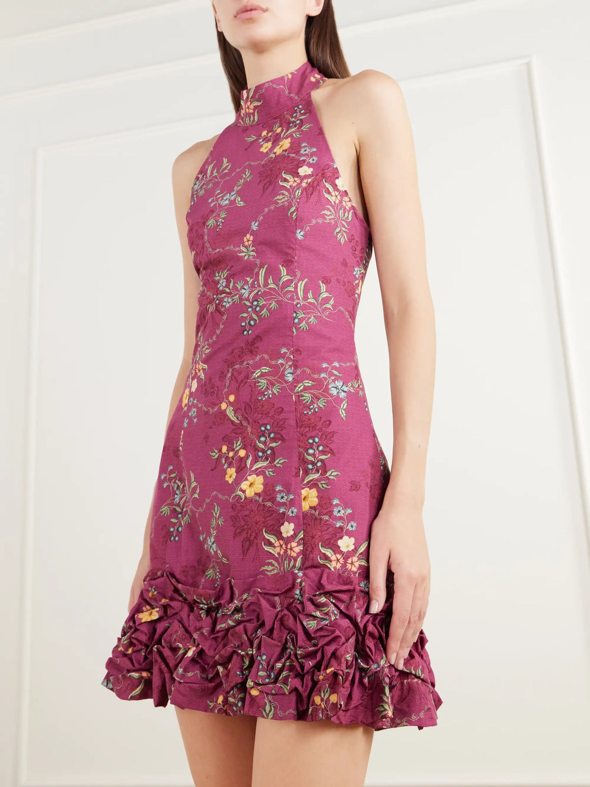 Agua by Agua Bendita Cuenca Ruffled Floral-print Cotton-poplin Halterneck Mini Dress