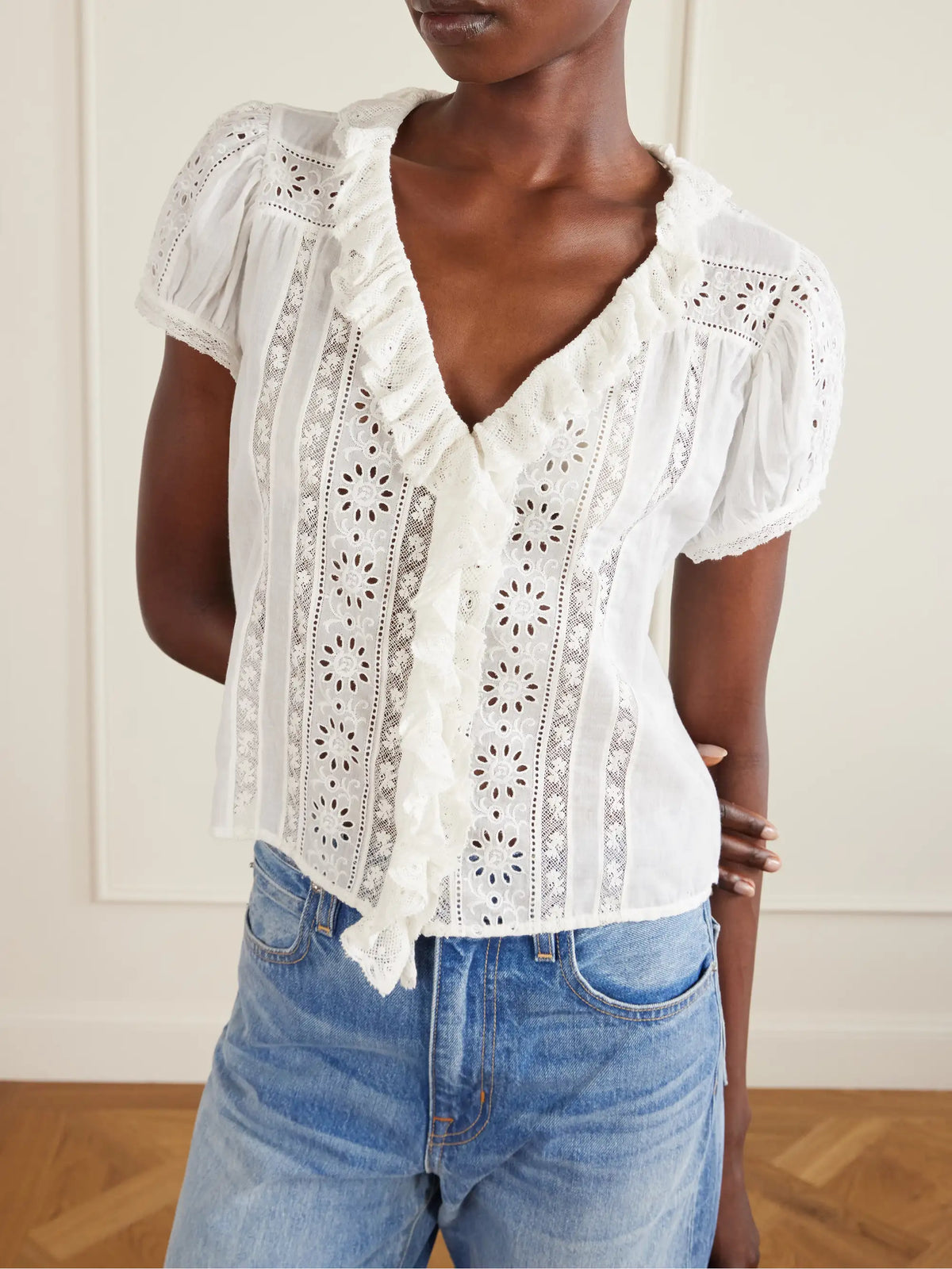 Clairette Cropped Ruffled Lace-trimmed Organic Cotton-voile Top