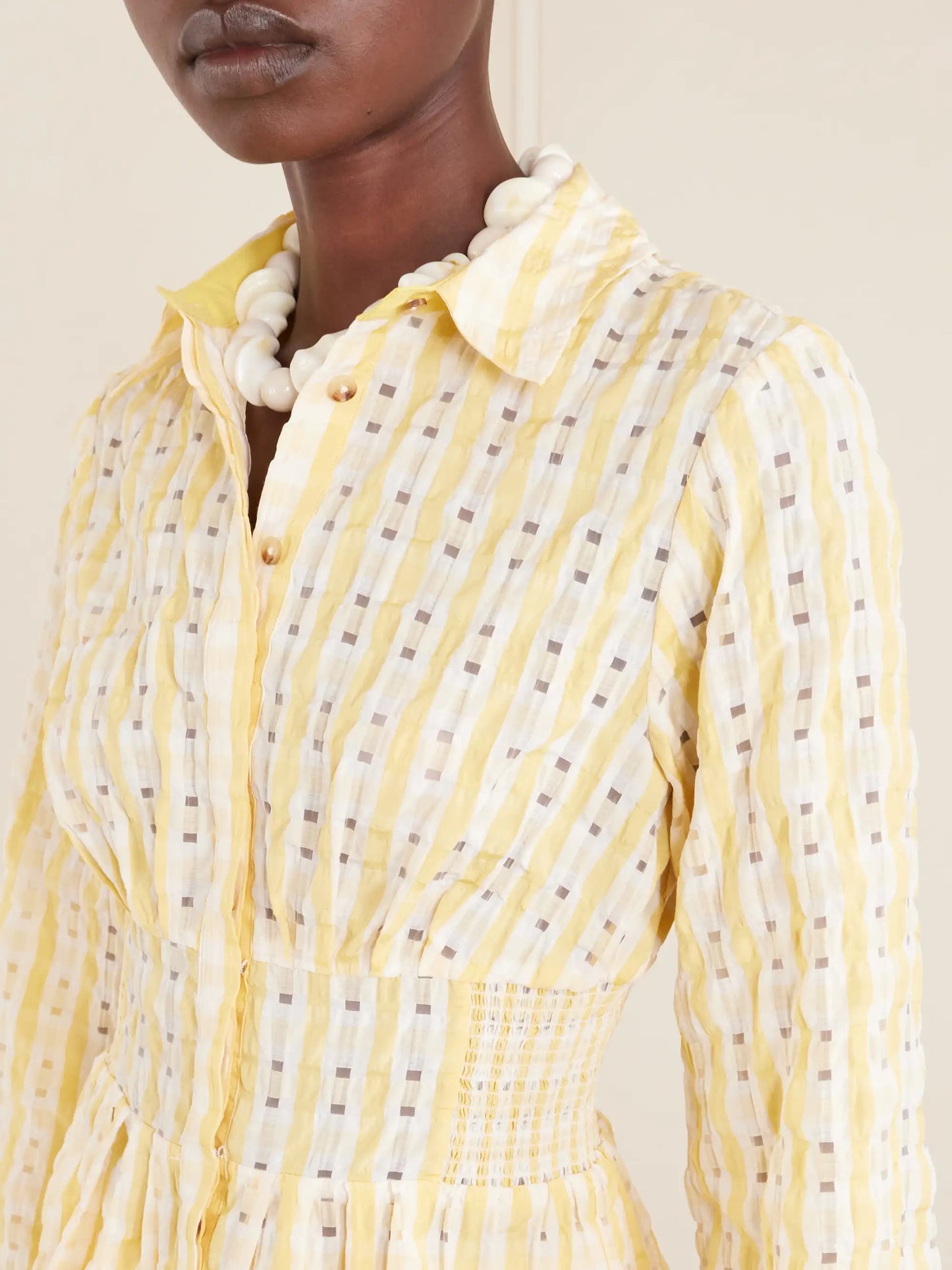 Boogie Woogie Bugle Boy Shirred Checked Seersucker Blouse