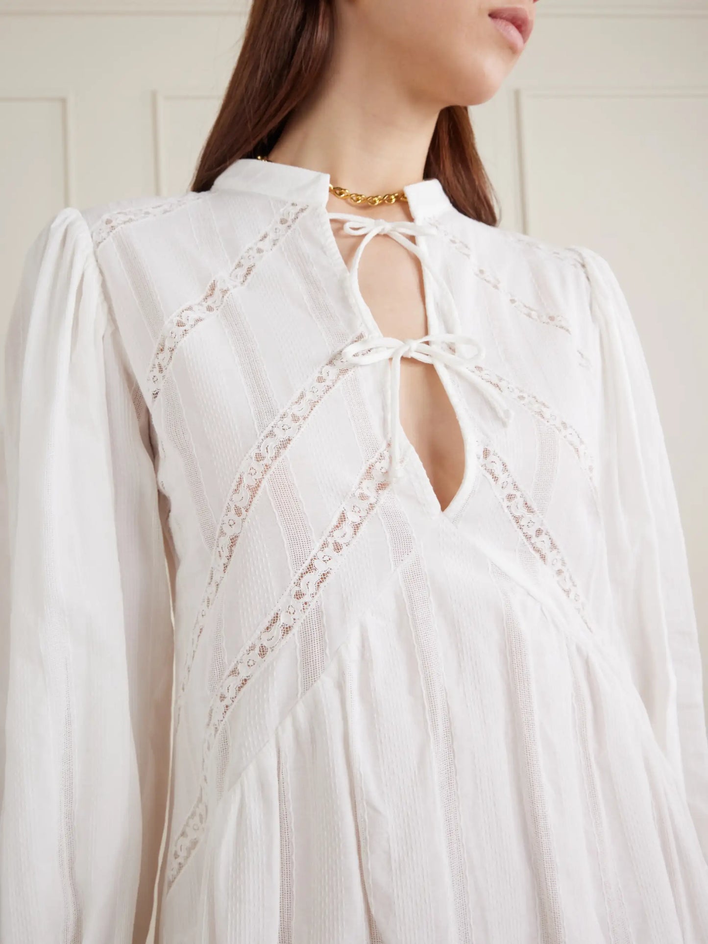 Recanati Ruffled Pleated Lace-trimmed Cotton Mini Dress