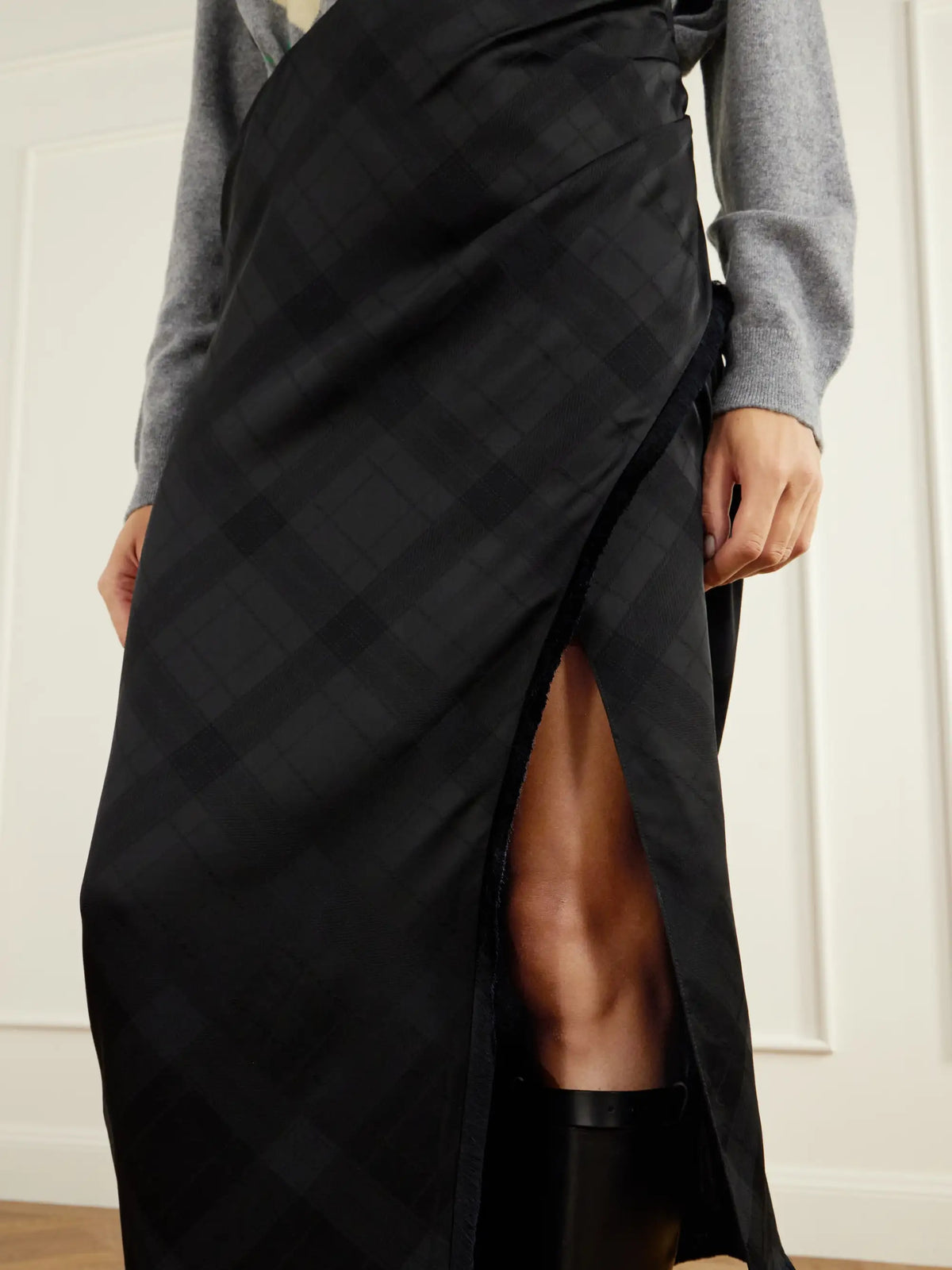 RÙADH The Alee Checked Frayed Asymmetric Satin Maxi Skirt