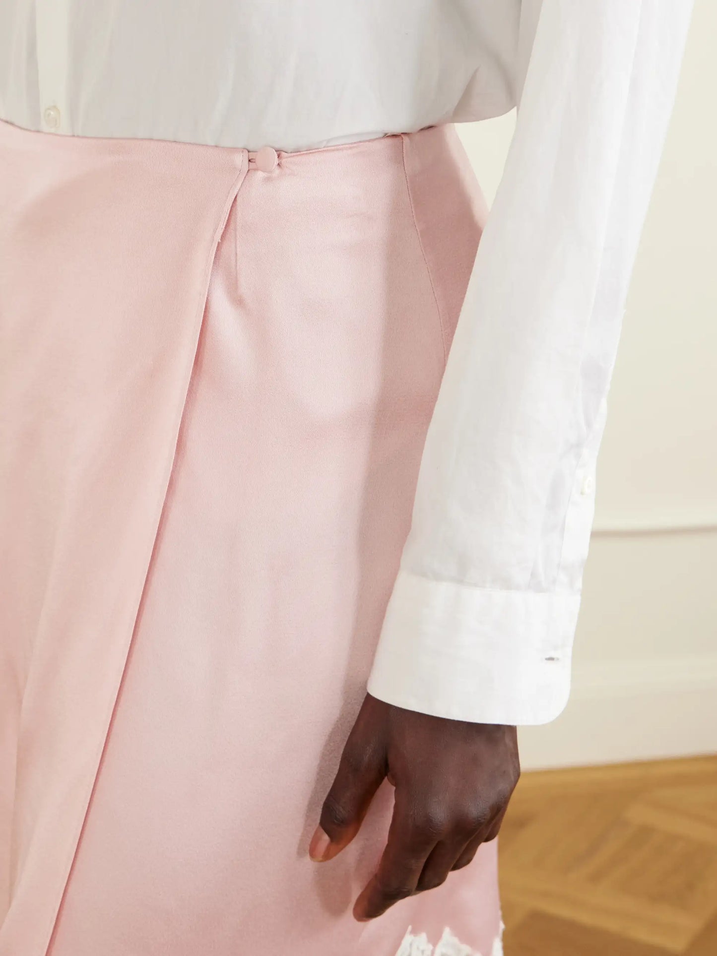 Lace-trimmed Satin Midi Skirt