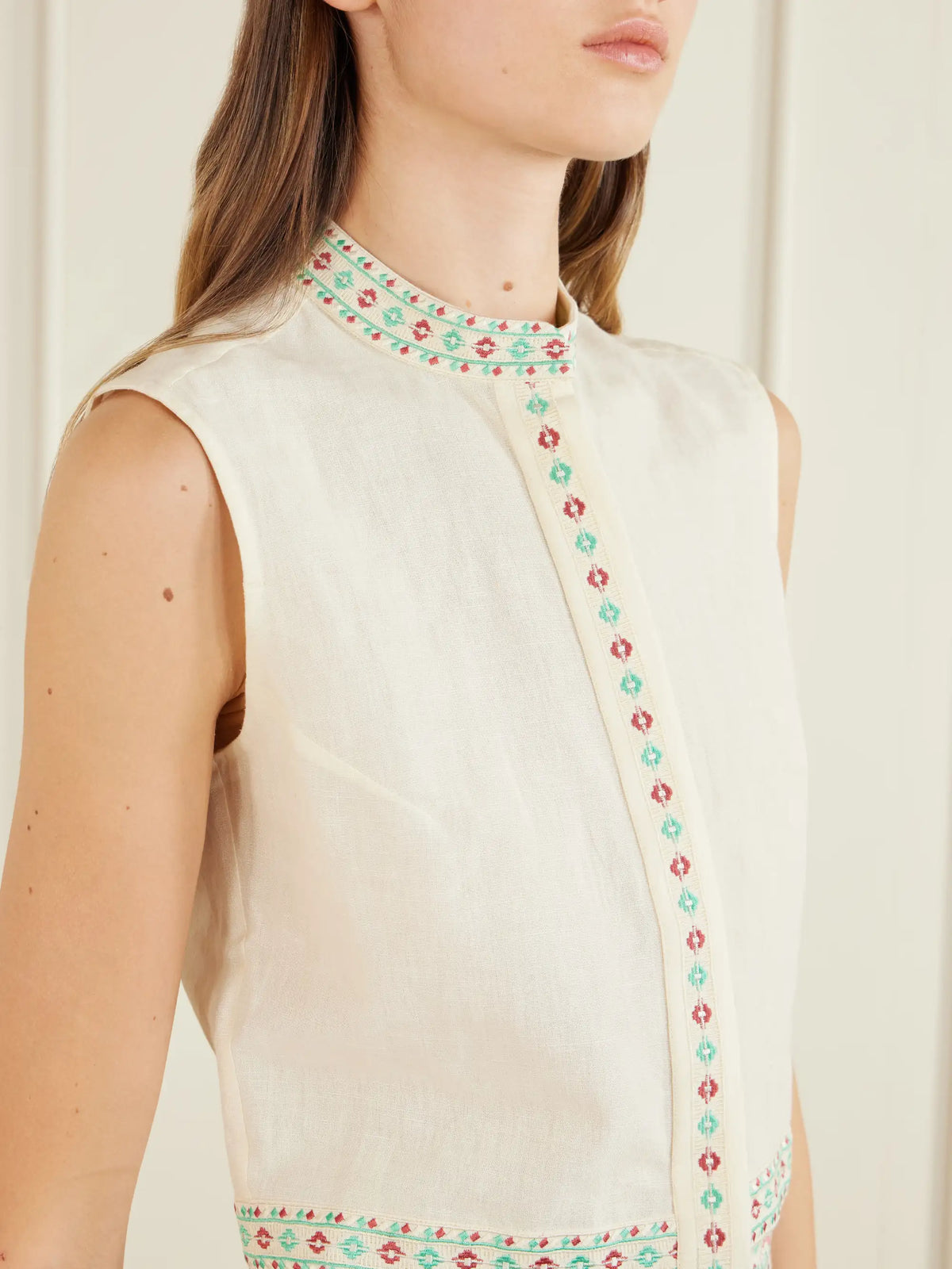 Emporio Sirenuse Andorra Astragal Mare Embroidered Linen And Cotton-blend Top