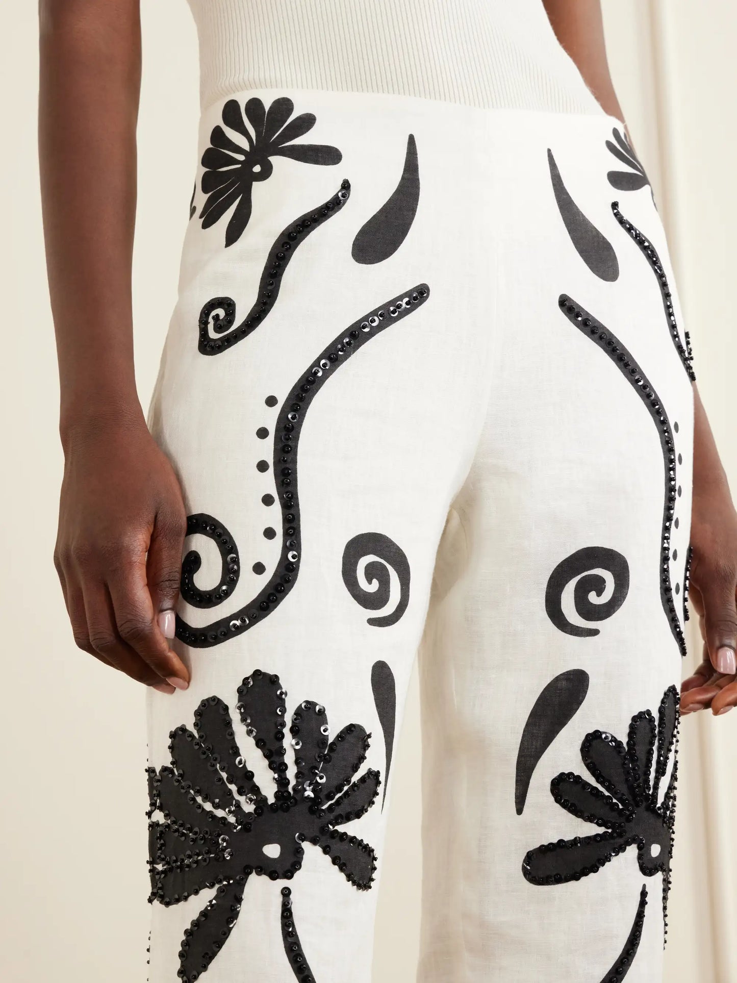 Sylvie Cropped Sequin-embellished Printed Linen Tapered Pants