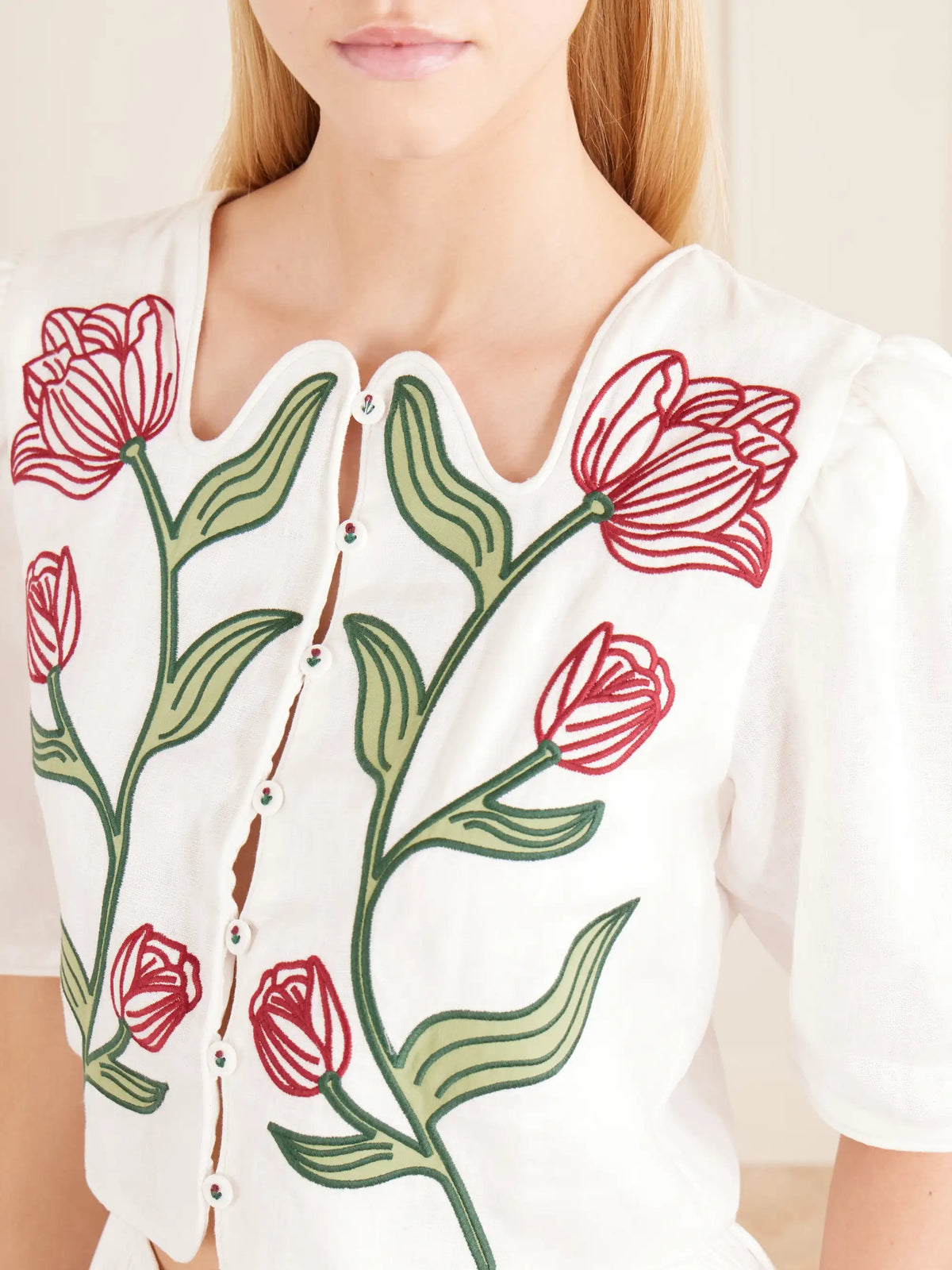 Farm Rio Floral-embroidered Cropped Linen Top