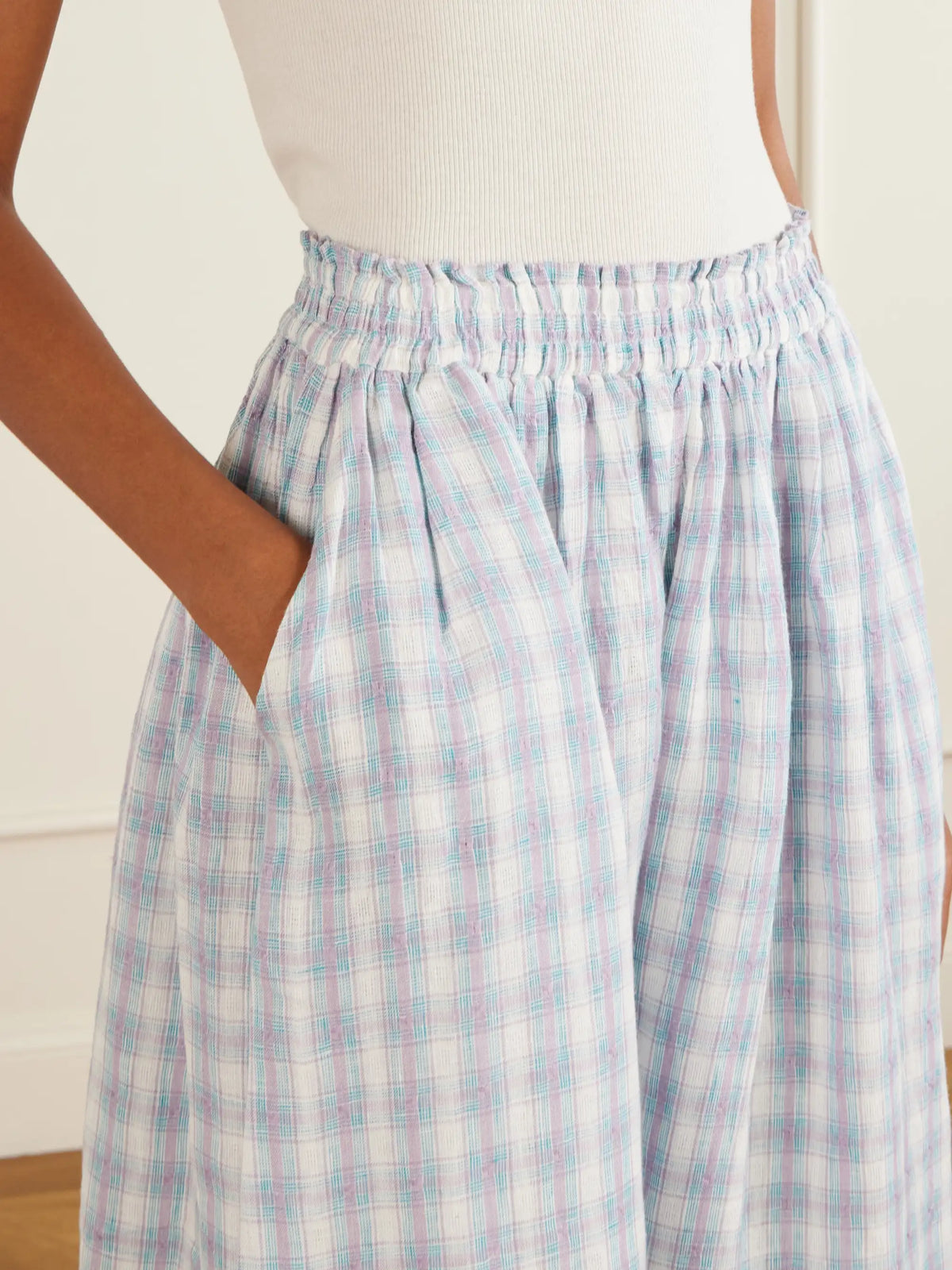 Pleated Checked Linen Midi Skirt