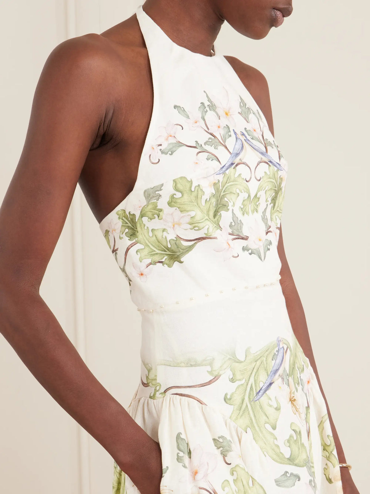 Agua by Agua Bendita Balsa Anhelo Embellished Printed Halterneck Linen Maxi Dress