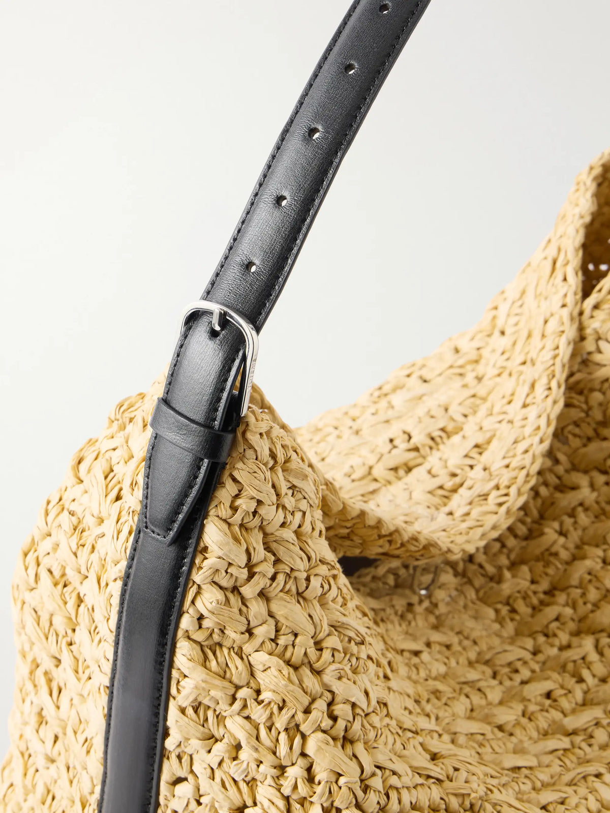 Leather-trimmed Raffia Shoulder Bag