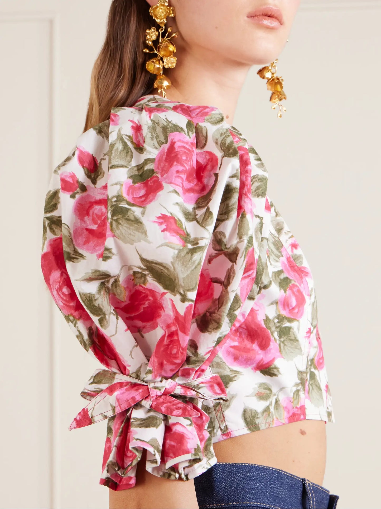 Cropped Floral-print Cotton-poplin Top