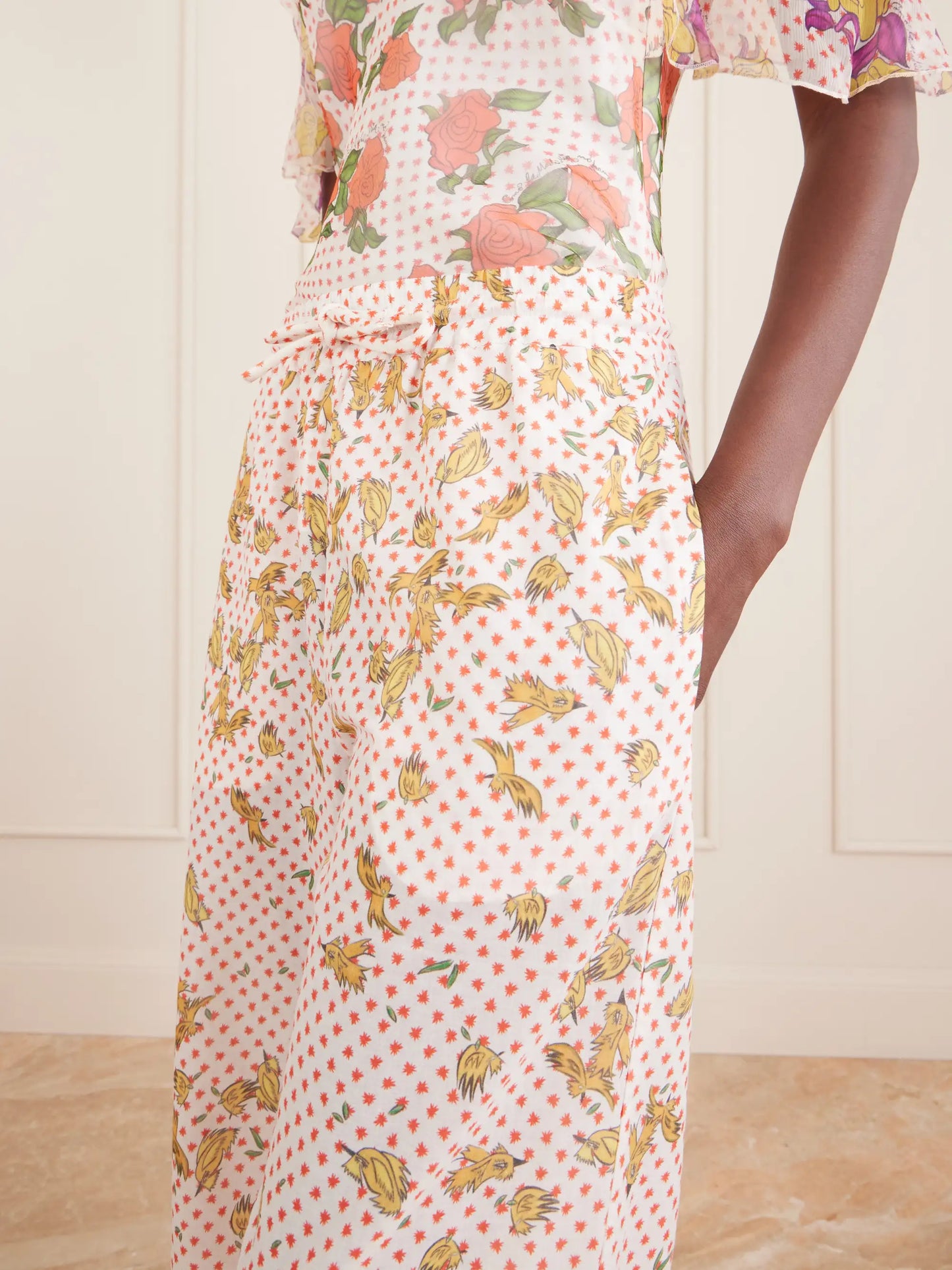 Pajaritos Y Rosas Wide Leg Printed Cotton Pants