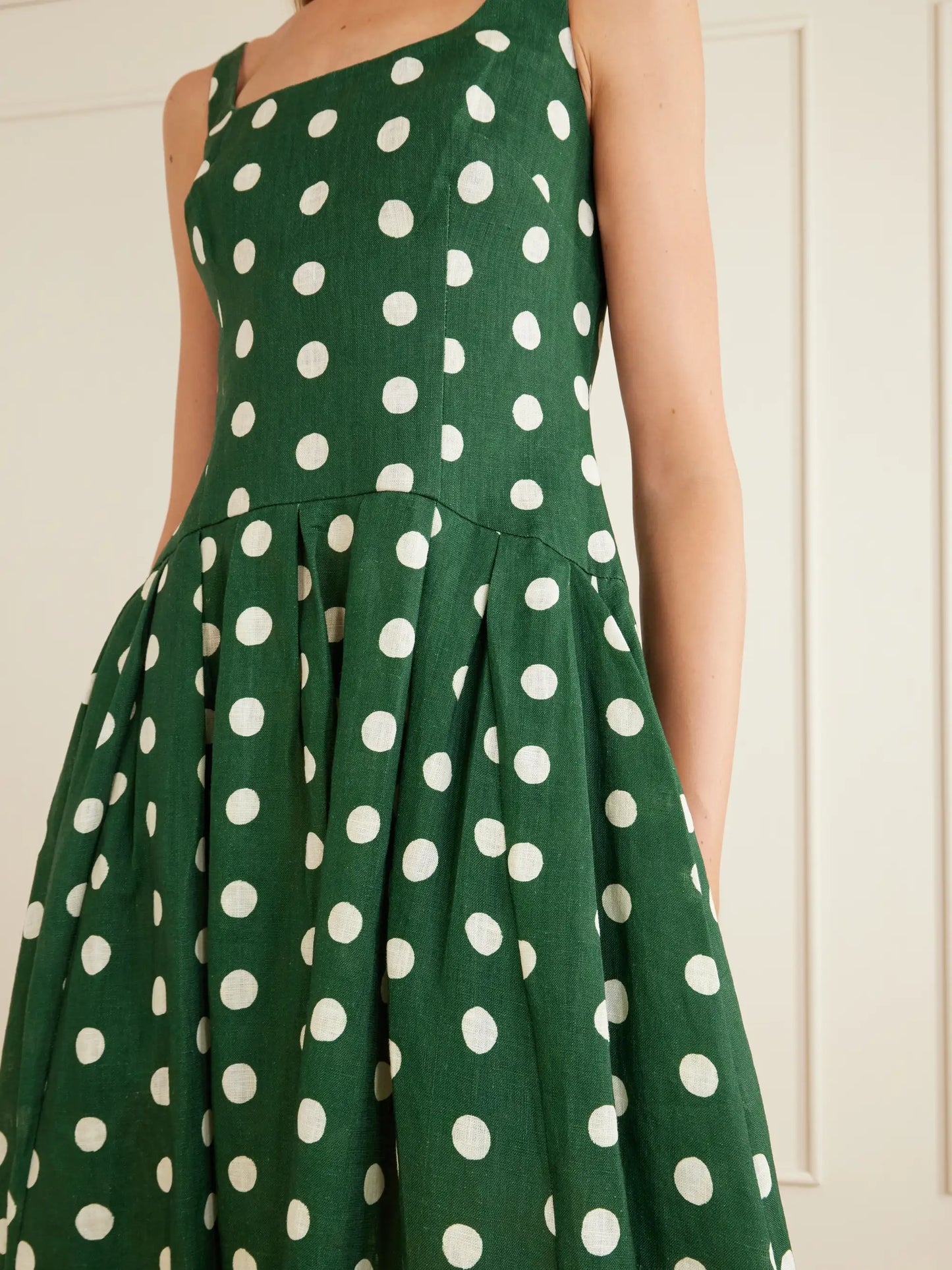 Regio Pleated Polka-dot Linen Midi Dress