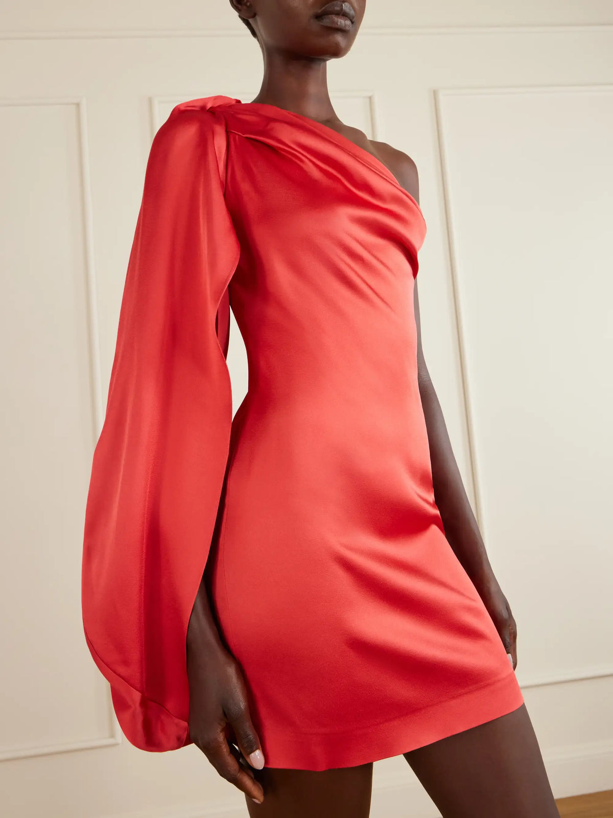 One-shoulder Draped Satin Mini Dress