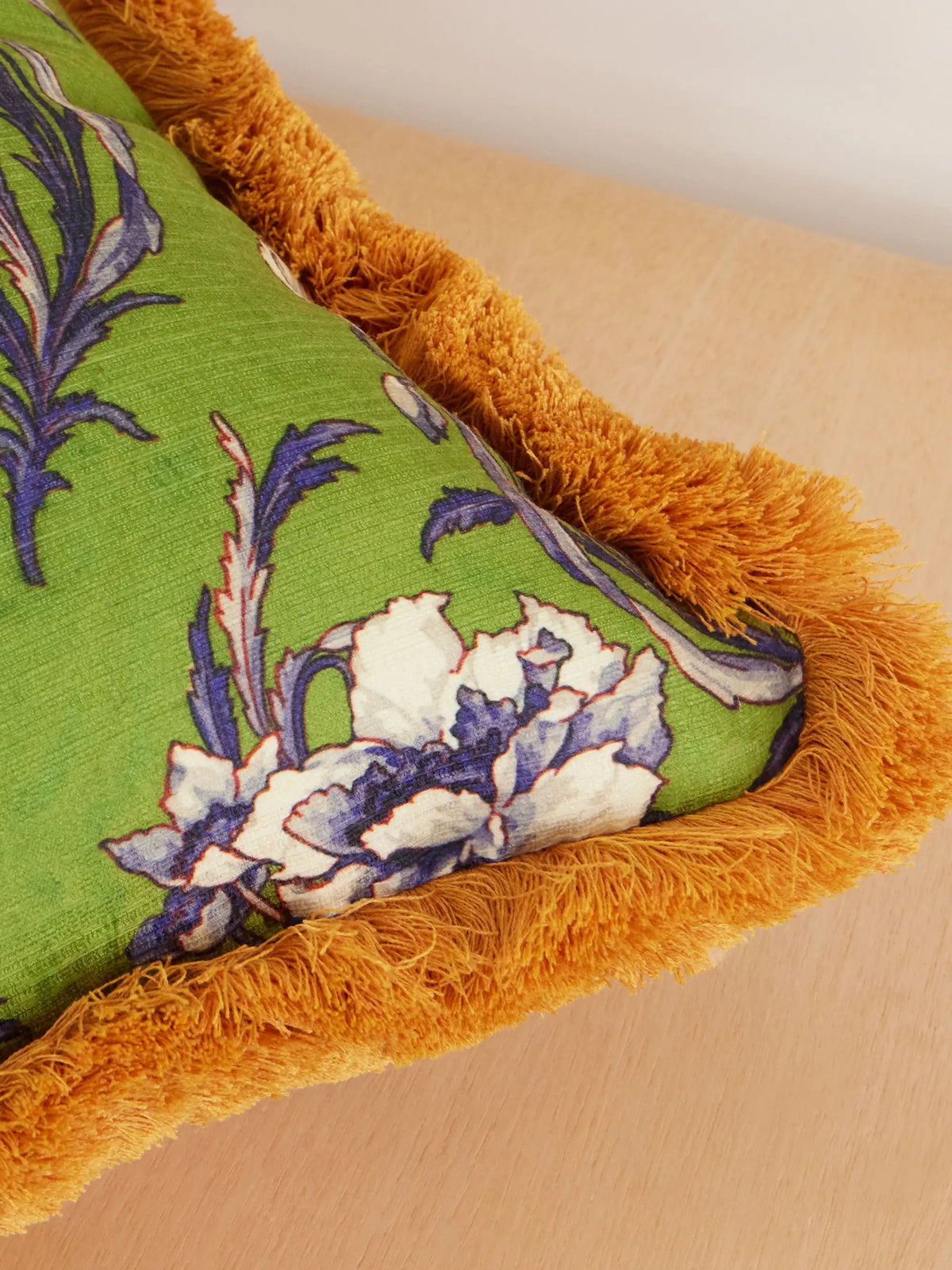 Floral-printed Fringed-trimmed Cushion
