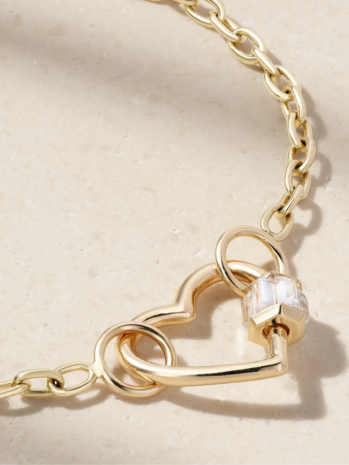Baguette Baby Heart Lock + Pulley Chain 14-karat Gold Diamond Bracelet