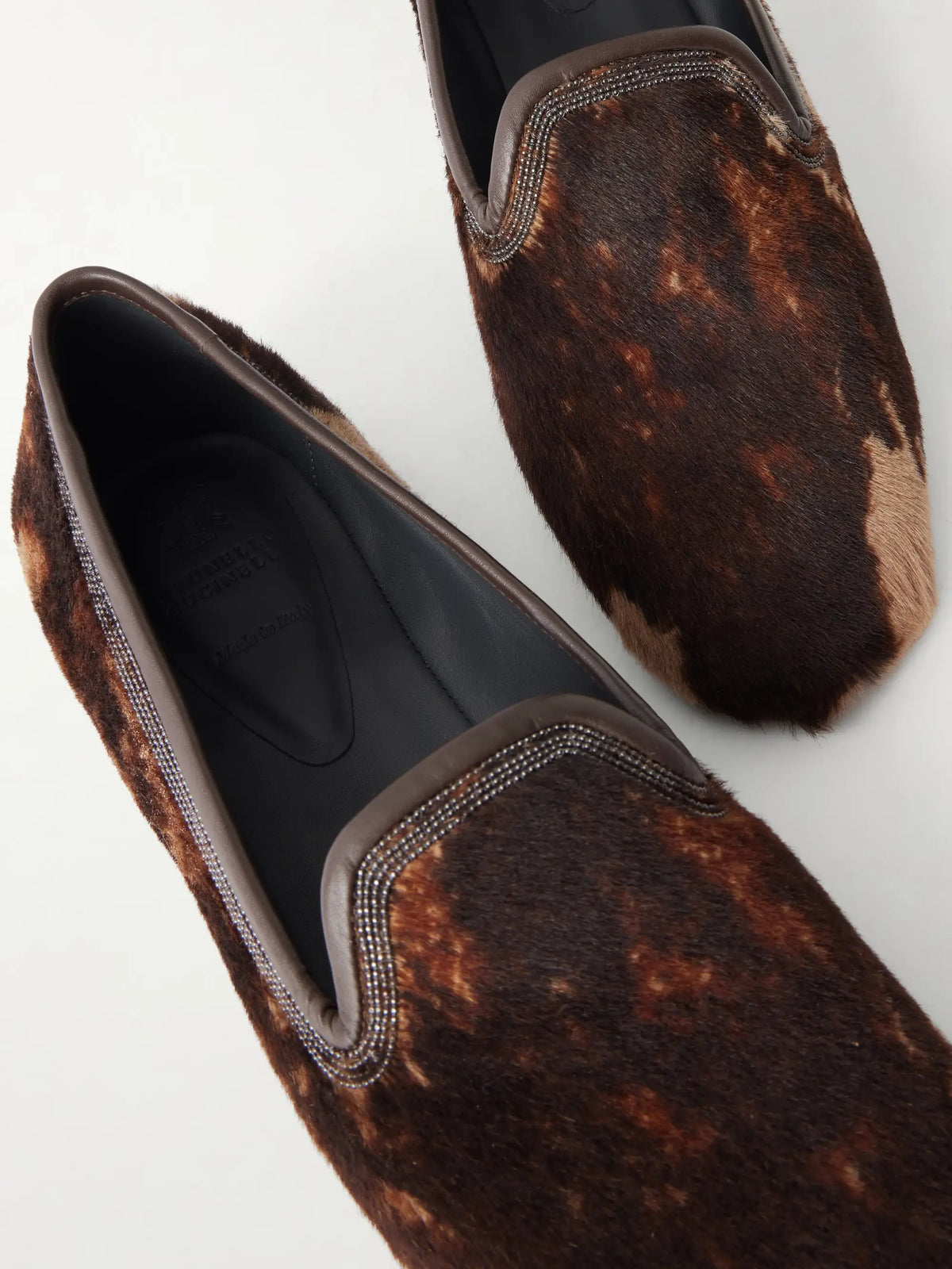 Bead-embellished Leather-trimmed Brushed Loafers