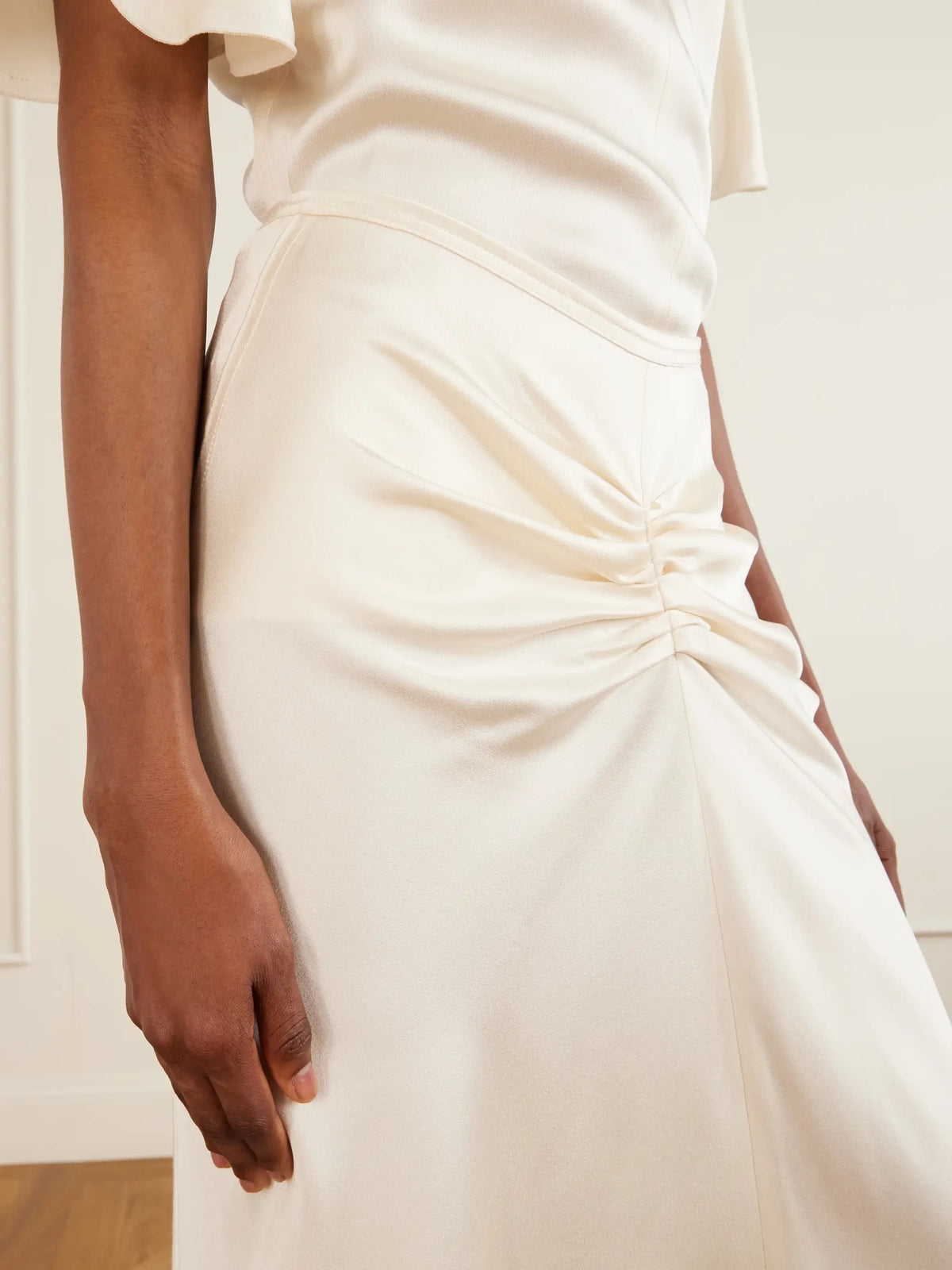 Bela Ruched Satin Midi Skirt
