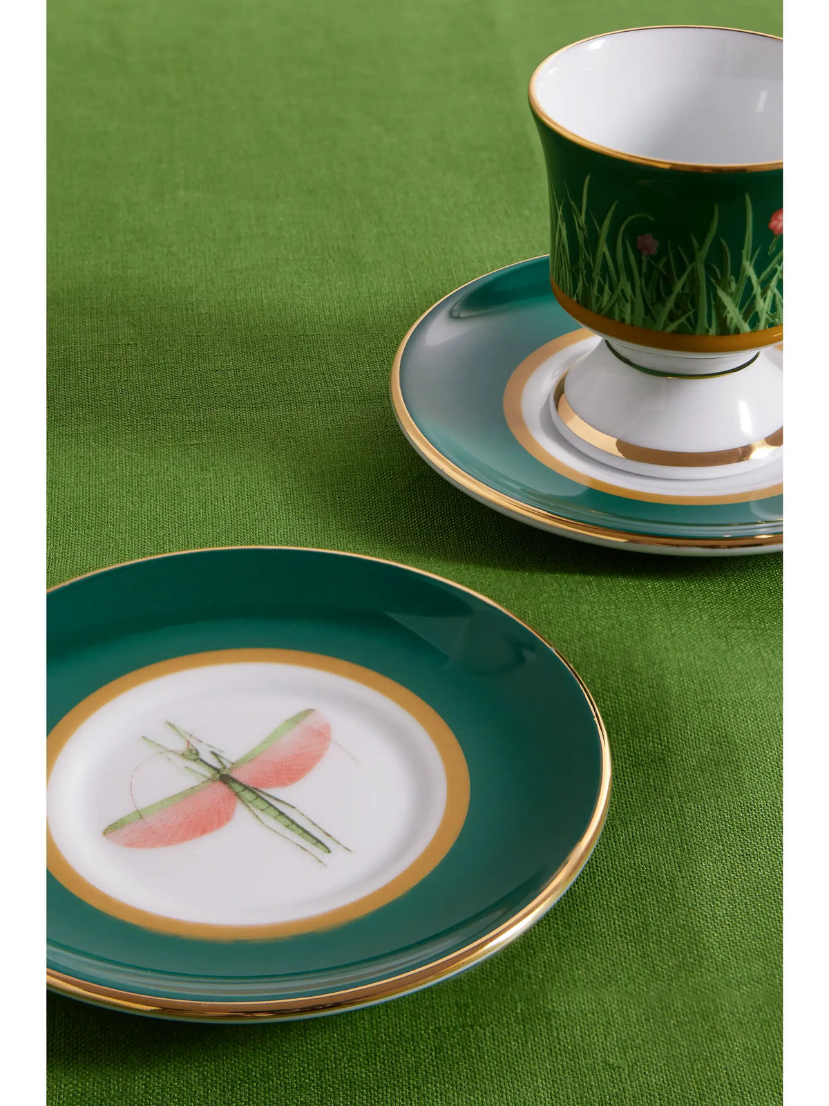 Set Of Two Gold-plated Painted Porcelain Espresso Cups And Saucers