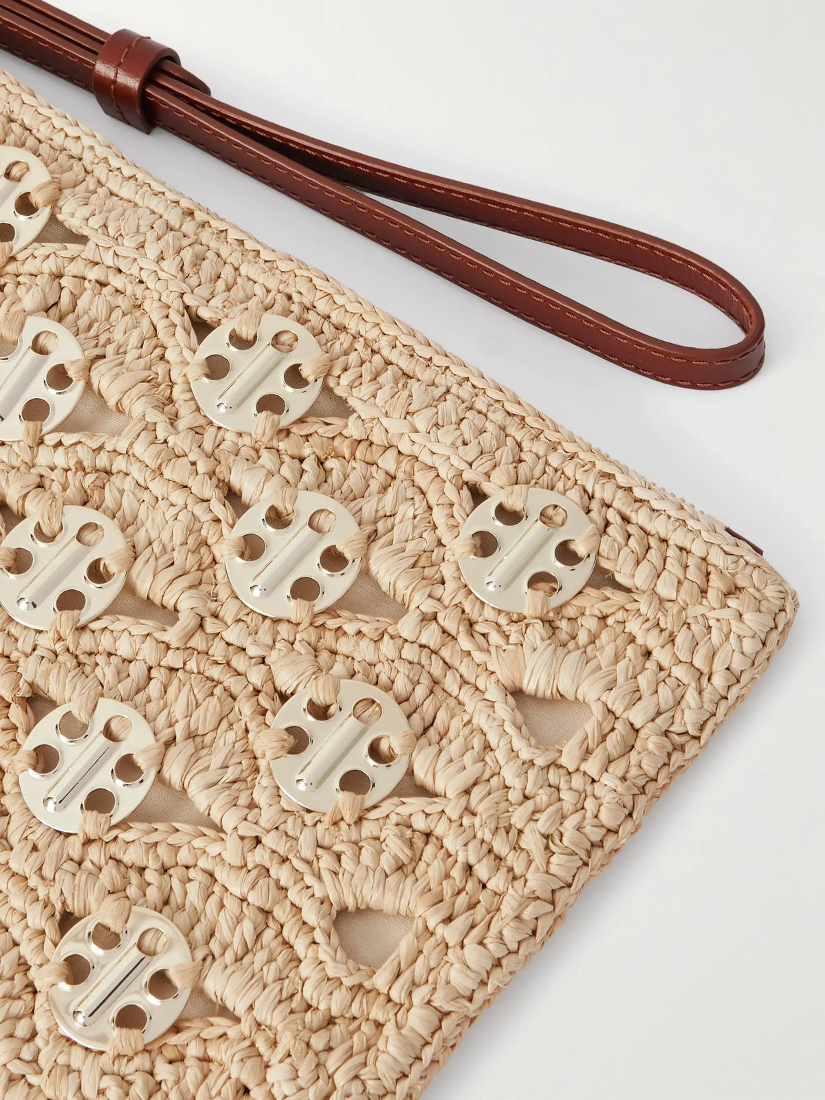 Leather-trimmed Chainmail-embellished Raffia Pouch