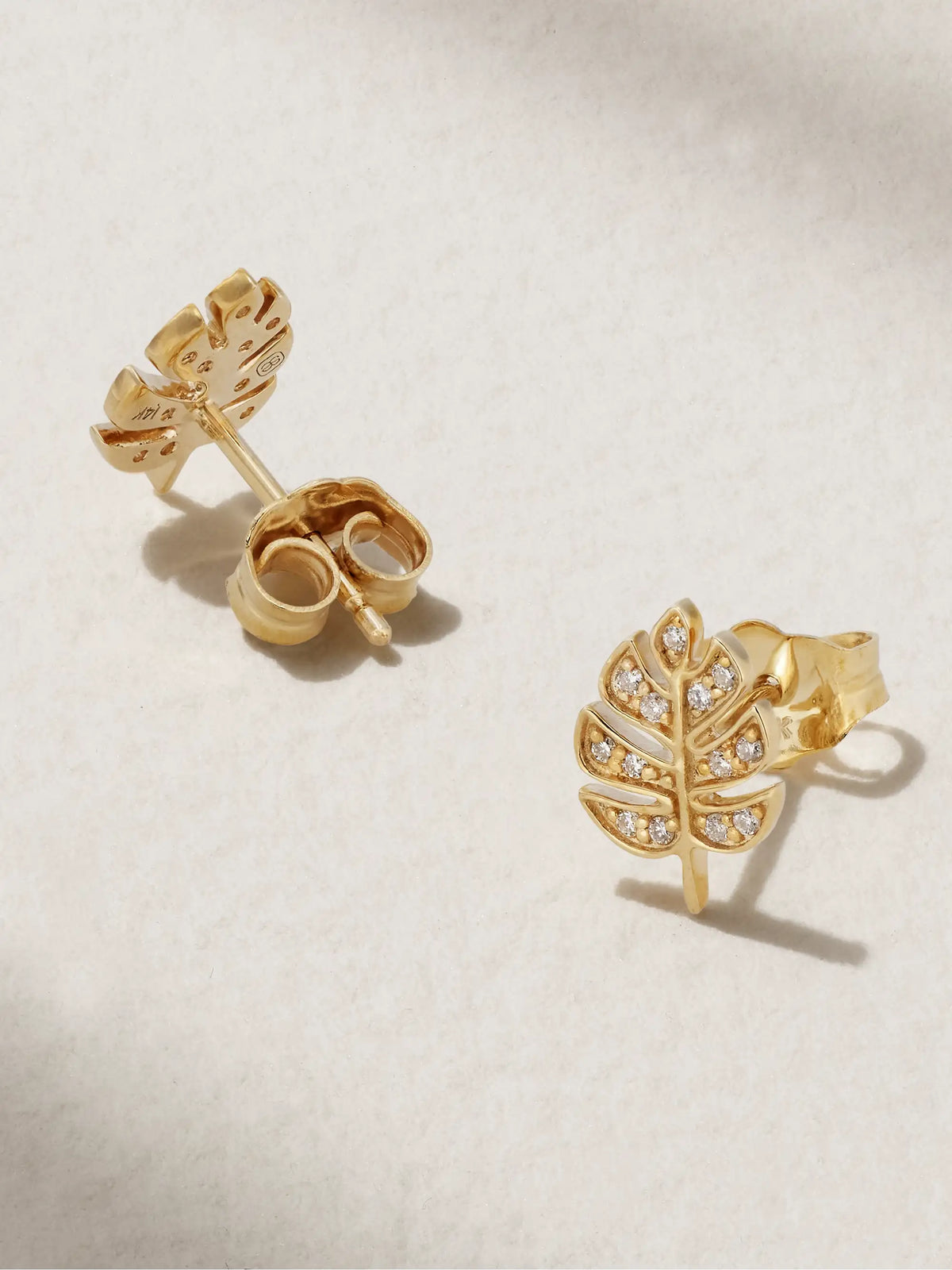 Tiny Monstera Leaf 14-karat Gold Diamond Earrings