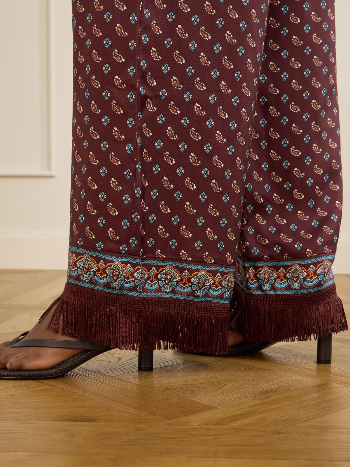 DÔEN Lavon Fringed Printed Silk-blend Satin Wide-leg Pants