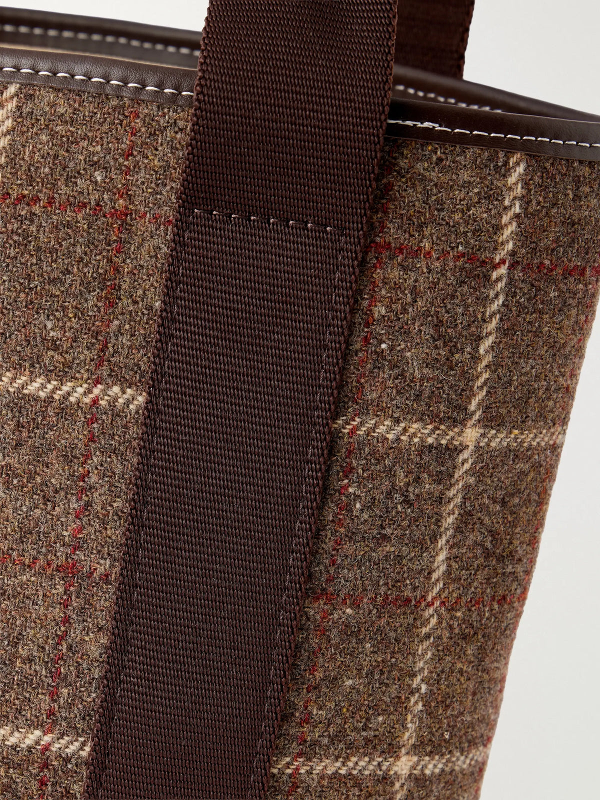RUE de VERNEUIL Bucket Checked Webbing And Leather-trimmed Wool-tweed Tote