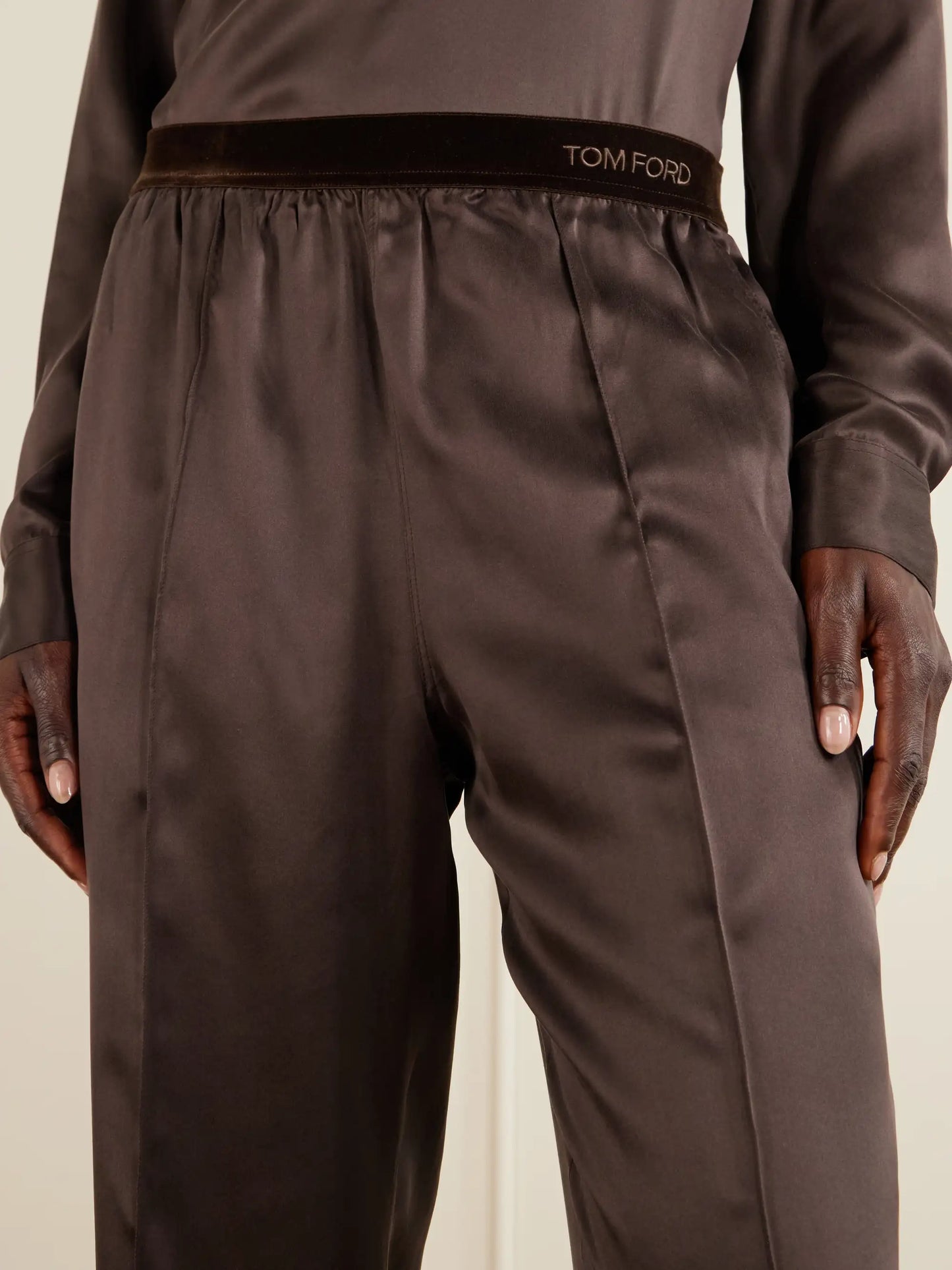 Velvet-trimmed Silk-satin Straight-leg Pants